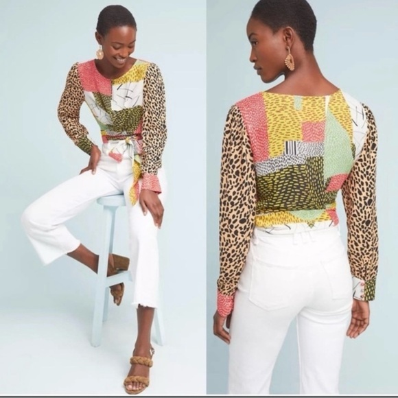 Anthropologie Bl-nk Colorful Abstract Patchwork Long Sleeve Tie Waist Blouse - Picture 1 of 13